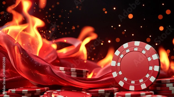 Fototapeta Red casino chips with bright flames on black background, horizontal banner, free space for text, copy space