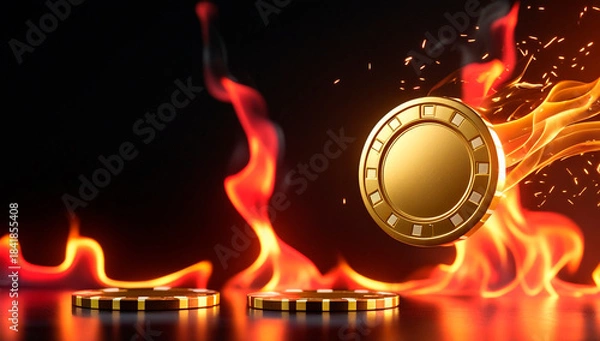 Fototapeta Golden casino chips with bright flames on black background, horizontal banner, free space for text, copy space