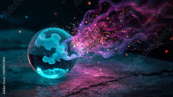 Fototapeta sparkling magic ball with sparks of fire, horizontal banner, free space for text, copy space