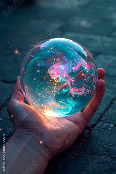 Fototapeta sparkling magic ball in hand, vertical banner, free space for text, copy space