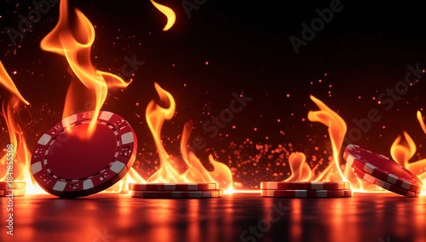 Fototapeta Red casino chips with bright flames on black background, horizontal banner, free space for text, copy space