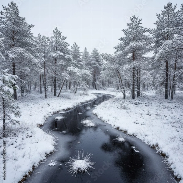Fototapeta 
A serene winter landscape featuring a peaceful snow-covered forest at dusk. Tall evergreen trees are blanketed with snow under a colorful sky, and soft light casts long shadows across the untouched 