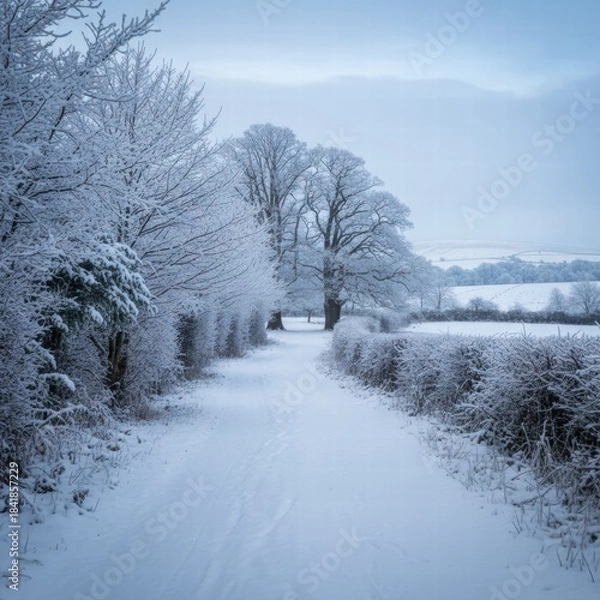 Fototapeta 
A serene winter landscape featuring a peaceful snow-covered forest at dusk. Tall evergreen trees are blanketed with snow under a colorful sky, and soft light casts long shadows across the untouched 