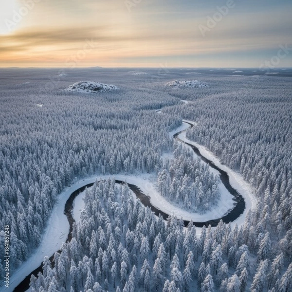 Fototapeta 
A serene winter landscape featuring a peaceful snow-covered forest at dusk. Tall evergreen trees are blanketed with snow under a colorful sky, and soft light casts long shadows across the untouched 