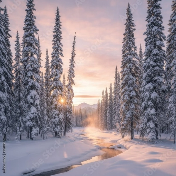 Fototapeta 
A serene winter landscape featuring a peaceful snow-covered forest at dusk. Tall evergreen trees are blanketed with snow under a colorful sky, and soft light casts long shadows across the untouched 