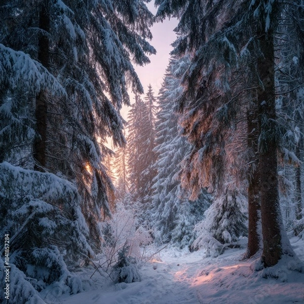 Fototapeta 
A serene winter landscape featuring a peaceful snow-covered forest at dusk. Tall evergreen trees are blanketed with snow under a colorful sky, and soft light casts long shadows across the untouched 