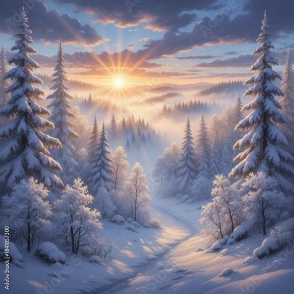 Fototapeta 
A serene winter landscape featuring a peaceful snow-covered forest at dusk. Tall evergreen trees are blanketed with snow under a colorful sky, and soft light casts long shadows across the untouched 
