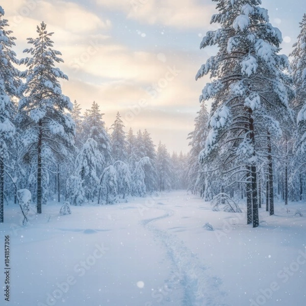 Fototapeta 
A serene winter landscape featuring a peaceful snow-covered forest at dusk. Tall evergreen trees are blanketed with snow under a colorful sky, and soft light casts long shadows across the untouched 