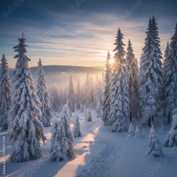 Fototapeta 
A serene winter landscape featuring a peaceful snow-covered forest at dusk. Tall evergreen trees are blanketed with snow under a colorful sky, and soft light casts long shadows across the untouched 