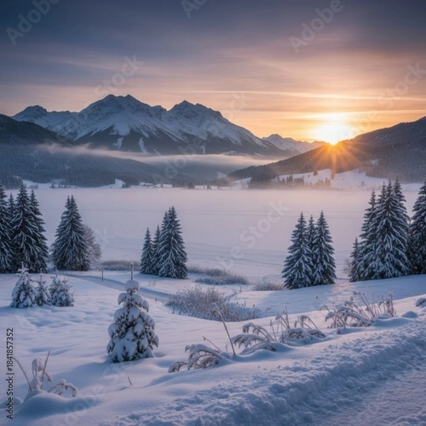 Fototapeta 
A serene winter landscape featuring a peaceful snow-covered forest at dusk. Tall evergreen trees are blanketed with snow under a colorful sky, and soft light casts long shadows across the untouched 
