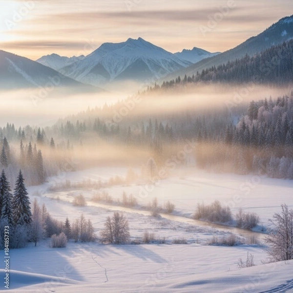 Fototapeta 
A serene winter landscape featuring a peaceful snow-covered forest at dusk. Tall evergreen trees are blanketed with snow under a colorful sky, and soft light casts long shadows across the untouched 