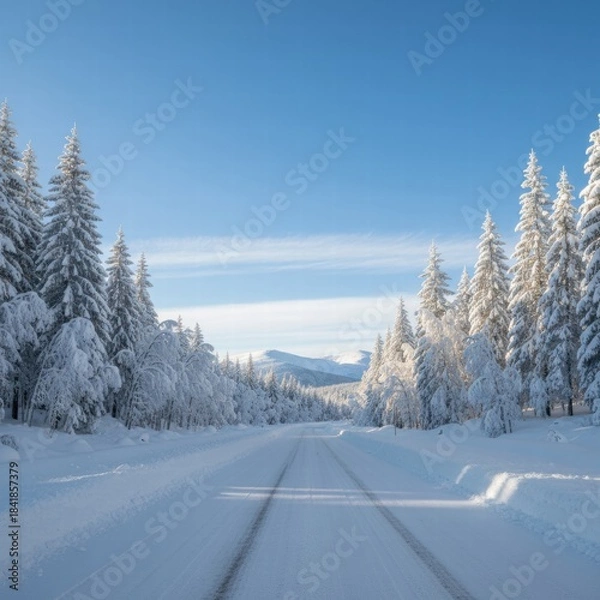 Fototapeta 
A serene winter landscape featuring a peaceful snow-covered forest at dusk. Tall evergreen trees are blanketed with snow under a colorful sky, and soft light casts long shadows across the untouched 