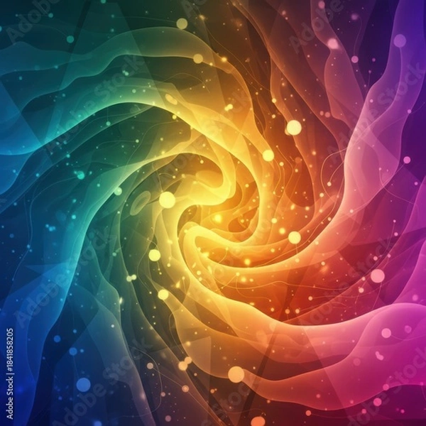 Fototapeta Futuristic neon sound wave visualization. Abstract audio waveform with glowing pink and blue lines on a grid background.
Abstract layered waves with gradient purple, pink, orange, and yellow colors. 