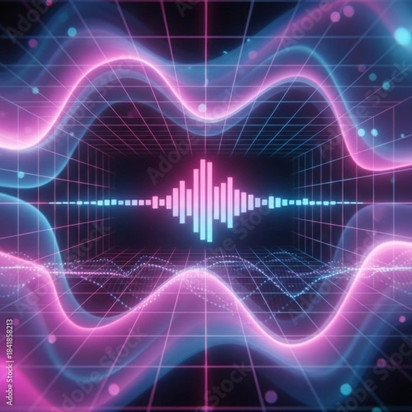 Fototapeta Futuristic neon sound wave visualization. Abstract audio waveform with glowing pink and blue lines on a grid background.
Abstract layered waves with gradient purple, pink, orange, and yellow colors. 