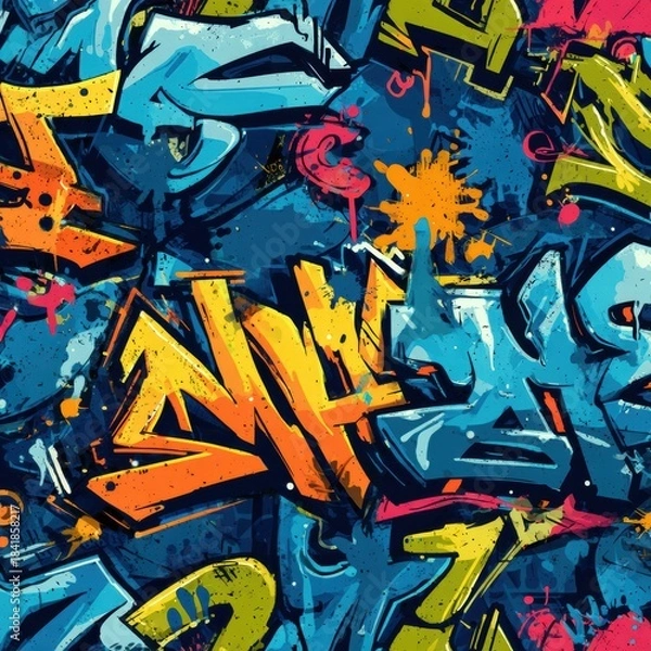 Fototapeta Futuristic neon sound wave visualization. Abstract audio waveform with glowing pink and blue lines on a grid background.
Abstract layered waves with gradient purple, pink, orange, and yellow colors. 