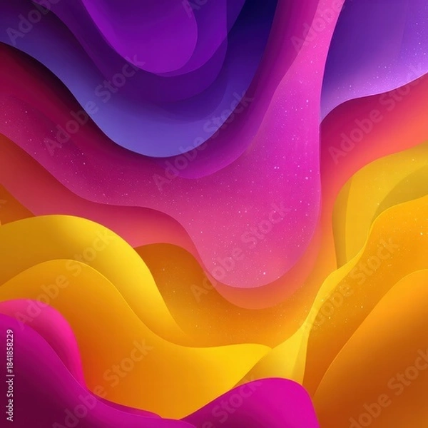 Fototapeta Futuristic neon sound wave visualization. Abstract audio waveform with glowing pink and blue lines on a grid background.
Abstract layered waves with gradient purple, pink, orange, and yellow colors. 