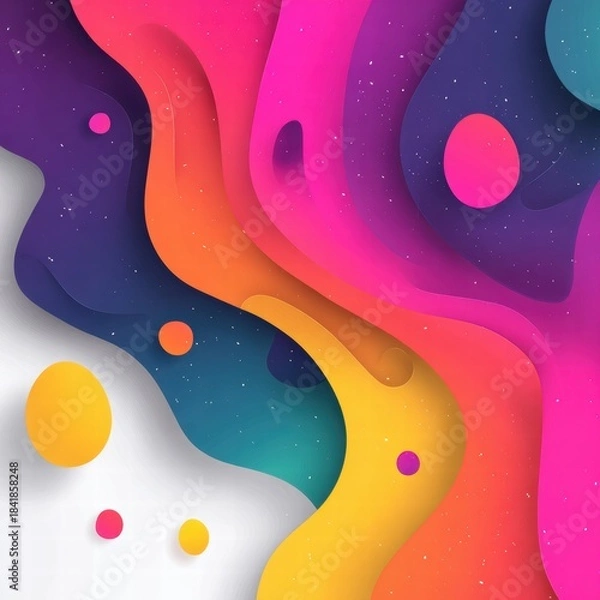 Fototapeta Futuristic neon sound wave visualization. Abstract audio waveform with glowing pink and blue lines on a grid background.
Abstract layered waves with gradient purple, pink, orange, and yellow colors. 