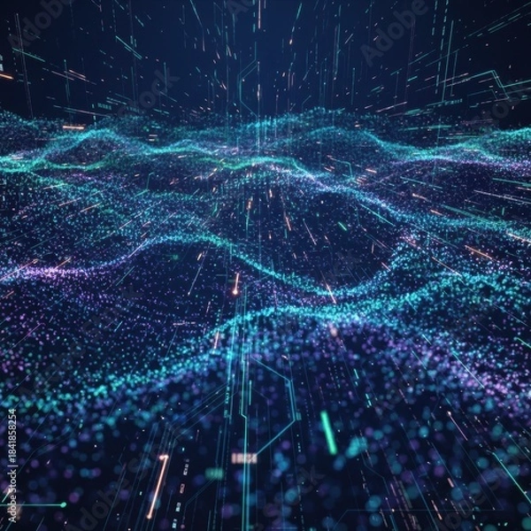 Fototapeta Futuristic neon sound wave visualization. Abstract audio waveform with glowing pink and blue lines on a grid background.
Abstract layered waves with gradient purple, pink, orange, and yellow colors. 