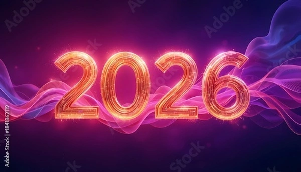 Obraz Glowing golden 2026 numerals hover above vibrant pink and purple abstract digital wave background art