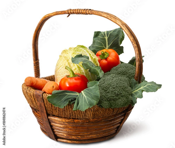 Obraz Fresh vegetables in a natural woven basket showcasing tomatoes, broccoli, cabbage, and carrots