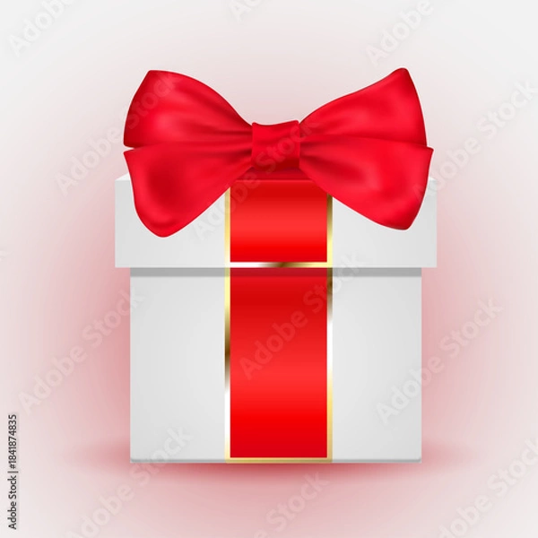 Fototapeta White Gift Box with Red Ribbon and Bow – Elegant Present Packaging on Soft Gradient Background for Holiday or Celebration Design