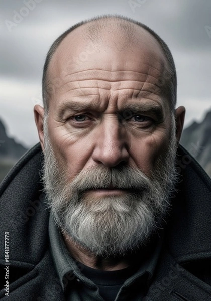 Obraz Intense Portrait Of A Mature Man With Grey Beard In A Cold Outdoor Landscape