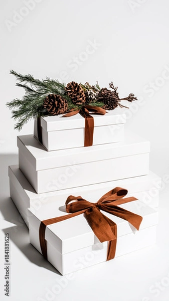Fototapeta A stack of three white, rectangular gift boxes of varying sizes is set against a clean white background. The largest box is at the bottom, and the smallest is at the top. The bottom and top boxes are 