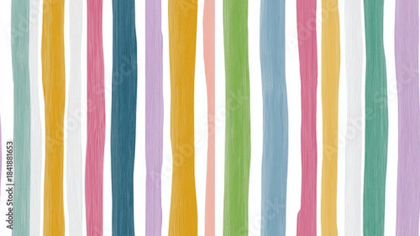 Fototapeta A vibrant, seamless pattern of vertical stripes with a hand-drawn, textured appearance. The stripes vary in width and feature a retro color palette including teal, mustard yellow, pink, lavender, gree