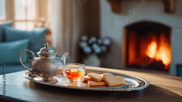 Fototapeta A cozy indoor scene featuring a tea service on a wooden table. In the foreground, an ornate silver tray holds a vintage-style silver teapot, a clear glass cup of amber tea, and a small pile of heart-s