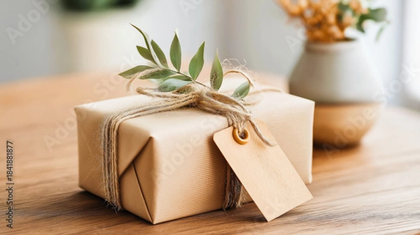 Fototapeta A close-up shot of a gift box resting on a wooden table. The rectangular present is wrapped in simple, light brown ribbed paper and tied with natural jute twine. A small sprig of green leaves is tucke