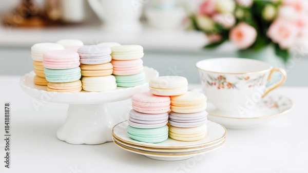 Fototapeta A bright, high-key photograph featuring stacks of pastel-colored French macarons on a white pedestal cake stand and a small stack of plates. The macarons come in shades of pink, lavender, mint green, 