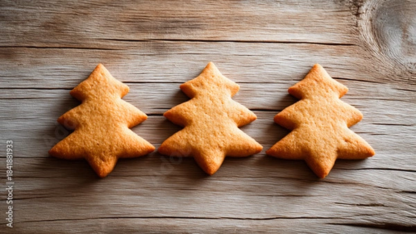 Fototapeta A top-down, flat lay view of three plain, undecorated Christmas tree-shaped cookies arranged in a neat horizontal row. The golden-brown cookies, likely gingerbread or shortbread, are placed on a rusti