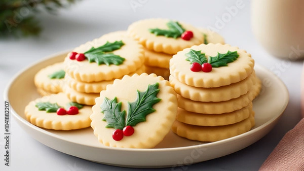 Fototapeta A close-up shot of a beige ceramic plate filled with festive Christmas cookies. The cookies are round with scalloped edges, and each is decorated with a green holly leaf and red berry design made from