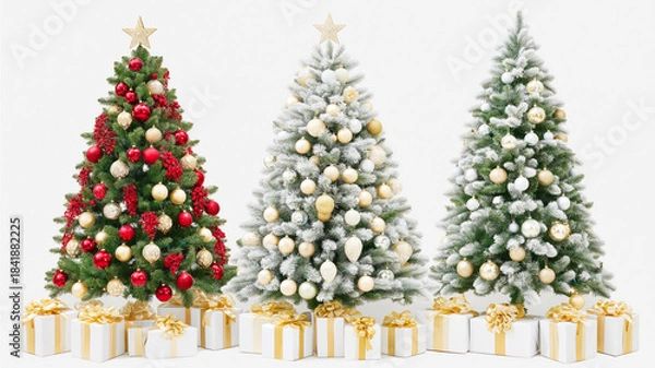 Fototapeta A studio shot featuring three distinct Christmas trees arranged in a row against a plain white background. The tree on the left is a traditional green fir decorated with red and gold baubles, red berr