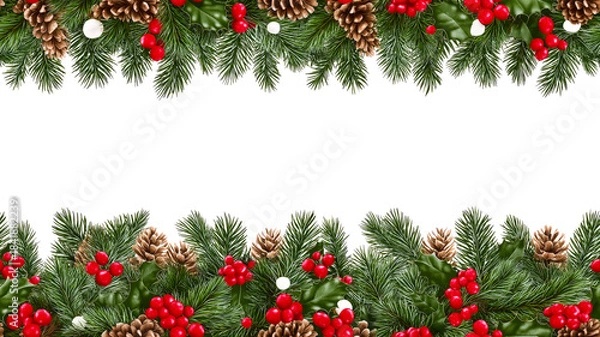 Fototapeta A festive Christmas or winter holiday border composed of two horizontal garlands against a clean white background. The garlands are made of lush green fir and pine branches, decorated with natural bro
