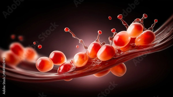 Fototapeta A dynamic, high-speed close-up shot of red grapes splashing into a stream of dark red juice or wine against a dark background. The composition features several round, glossy red fruits moving diagonal