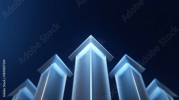 Fototapeta Abstract upward arrows reaching for the sky, symbolizing progress, success, growth, and ambition in a modern digital world with blue lighting effects