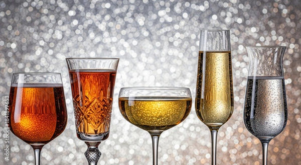 Obraz row of different champagne and wine glasses on sparkling silver bokeh background for holiday party celebration
