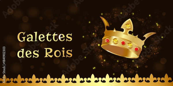 Obraz Festive Galette des Rois poster featuring a golden royal crown with sparkling gems on a dark background, perfect for Epiphany celebrations, bakery promotions, and holiday designs