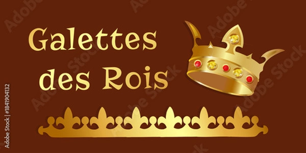 Obraz Festive Galette des Rois illustration featuring a golden royal crown with sparkling gems on a dark background, perfect for Epiphany celebrations, banner, cards, and holiday designs