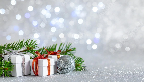 Obraz 鮮やかな銀の背景。クリスマスプレゼント。ギフトイメージ。Bright silver background. Christmas present. Gift image.