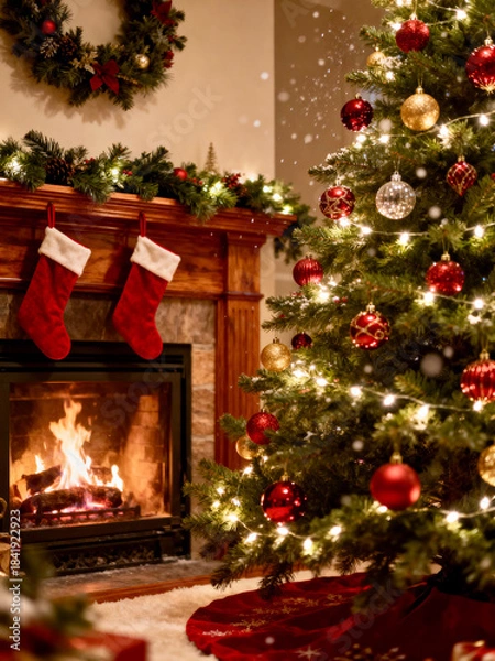 Obraz christmas tree with fireplace