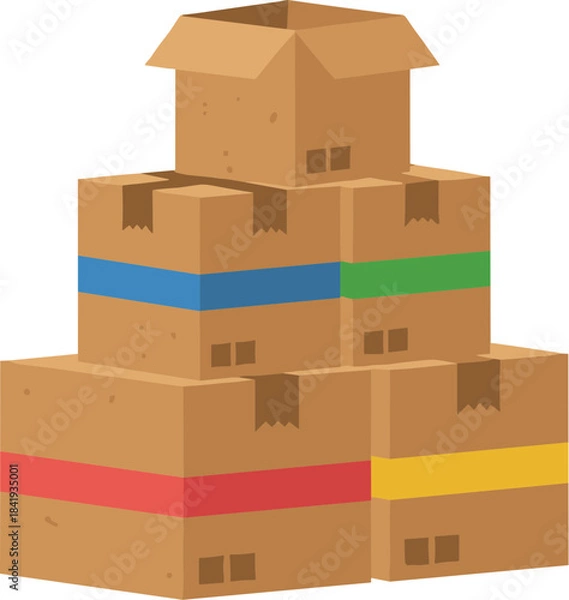 Obraz Isolated stack of cardboard boxes with colorful identification tape.