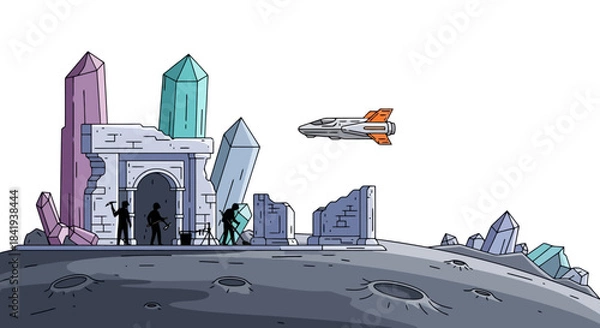 Fototapeta Explorers Discovering Ancient Crystal Ruins on a Cratered Alien Planet.