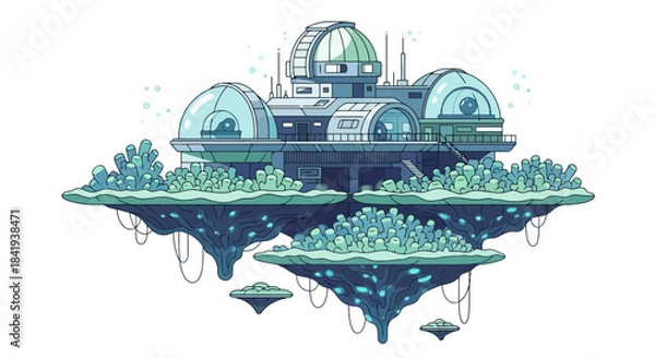 Fototapeta Futuristic Floating City with Dome Structures and Lush Greenery.