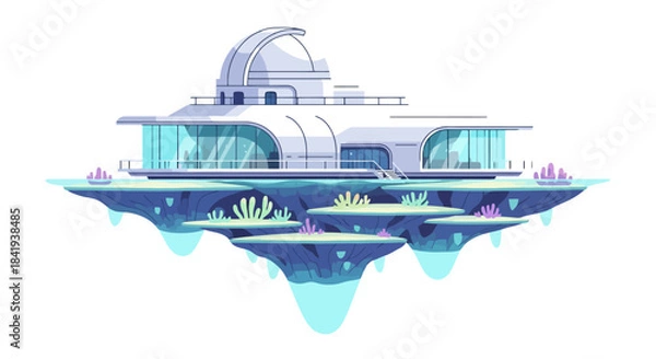 Fototapeta Futuristic floating island with observatory and modern architecture.