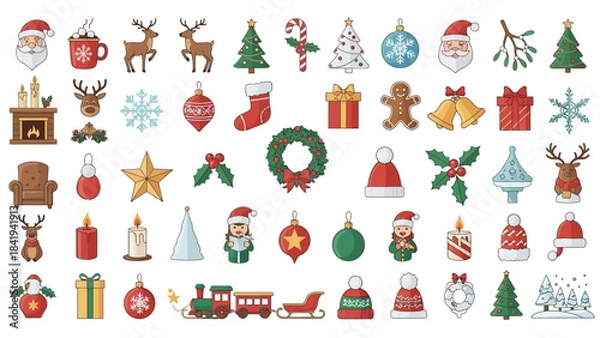 Obraz Assortment of Christmas Icons Featuring Santa, Reindeer, Trees, and Gifts Keywords: christmas, holiday, festive, icon, symbol
