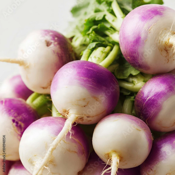 Obraz Clean and bright photo of multiple turnips stacked together, showing their natural shine and color contrast. Ideal for healthy eating, farming, fresh produce promotions, and supermarket visuals.