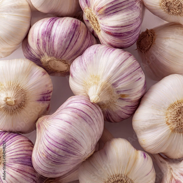 Obraz Close-up shot of garlic bulbs with visible cloves and rustic skin details. Natural light enhances texture, perfect for culinary blogs, recipes, healthy eating, and organic produce concepts.