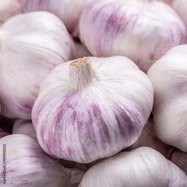 Obraz Fresh garlic bulbs arranged on a clean surface, showcasing natural texture and papery layers. Bright lighting highlights the cloves, ideal for cooking, health, organic food, and ingredient themes.